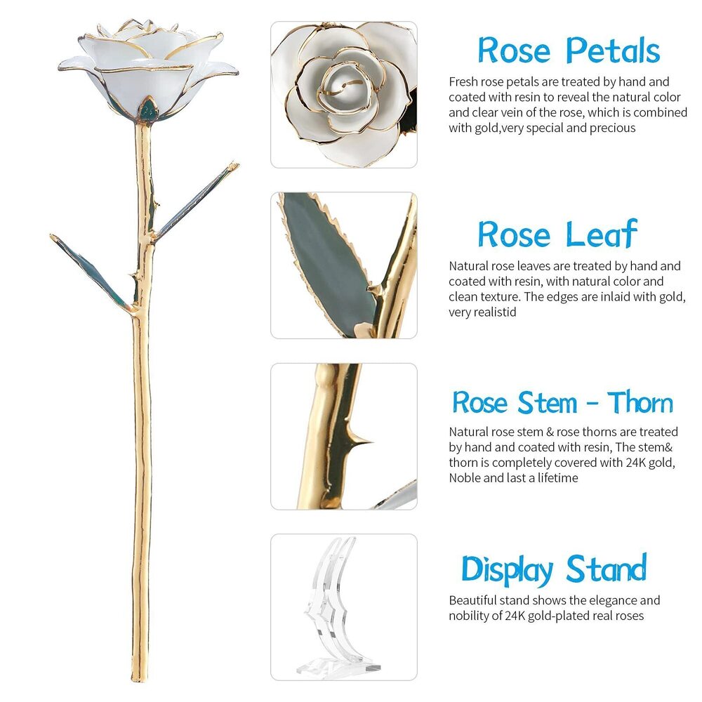 9898 White Gold Rose Gifts Wife,24k Gold Dipped Real Rose Lasted Forever - Picture 6 of 8